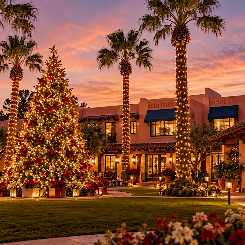 A glowing Christmas tree with ornaments and lights stands in a resort courtyard, framed by palm trees and a sunset sky.