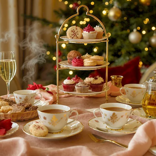 A festive holiday afternoon tea setup: a three-tier stand of cupcakes and pastries, teacups, champagne, and twinkling lights.
