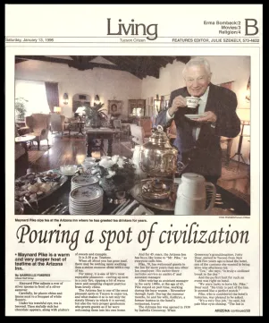 A 1996 Tucson Citizen “Living” feature shows Maynard Pike pouring tea at the Arizona Inn, celebrating civilizational tea-time.