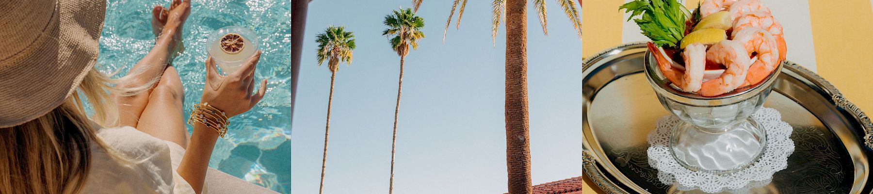 Three vacation scenes: sunlit poolside lounging, palm-fringed skyline with turquoise skies, and a refreshing cocktail on a striped table—paradise.