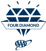 A blue stamp-style graphic with abstract geometric lines and small text arranged in a logo-like layout. logo on footer section.