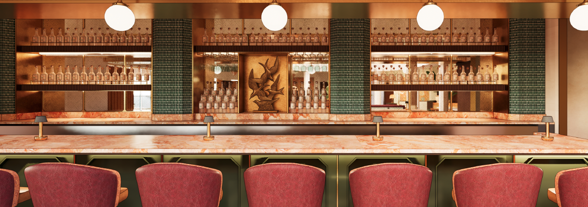 A cozy bar interior with shelves of bottles, green columns, brass trim, and red stools beneath warm pendant lights.