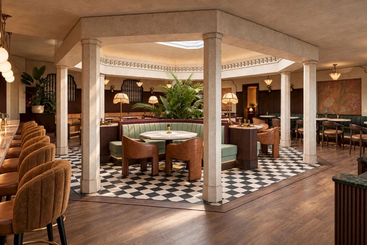 A chic lounge/bar with checkered tiles, leather booths, velvet chairs, tall columns, warm lamps, and lush plants in back.