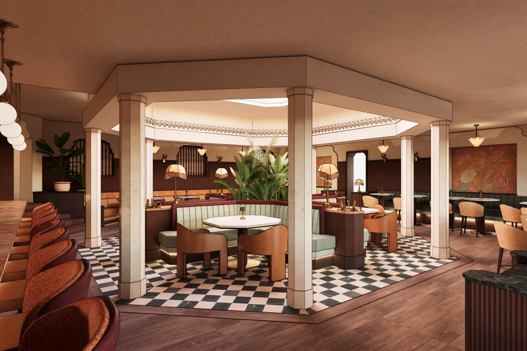 An elegant restaurant interior with a bar, dining tables, arches, and black-and-white checkered tile flooring.