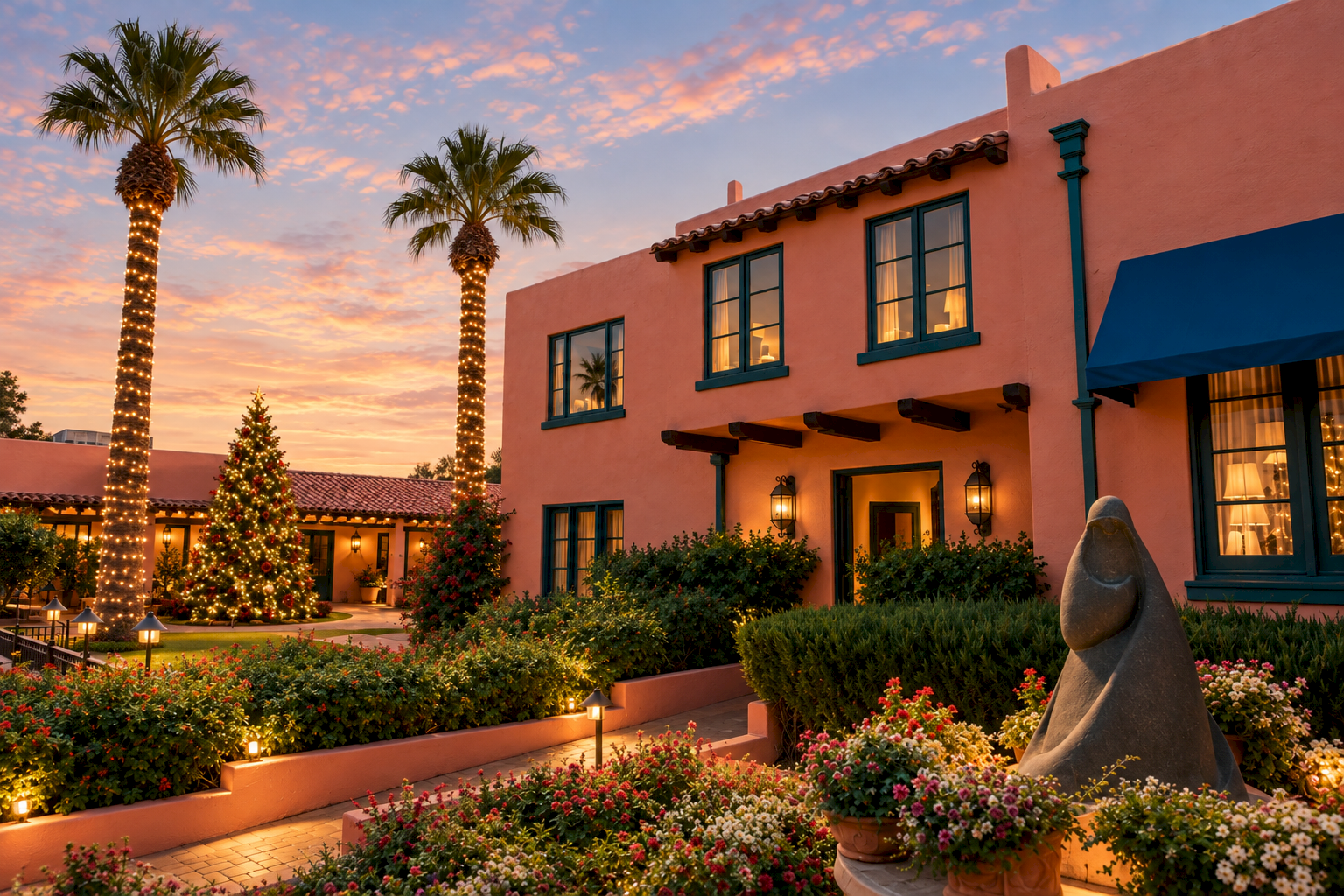 A sunny evening courtyard with a stucco villa, glowing palm trees, and colorful flower beds around a stone statue.