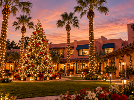 A lit Christmas tree in a palm-lined hotel courtyard at sunset, with festive lights and decorations glowing warmly.