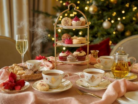 A festive afternoon tea spread with a three-tier pastry stand, teacups, champagne, and cupcakes&mdash;glowing by Christmas lights.