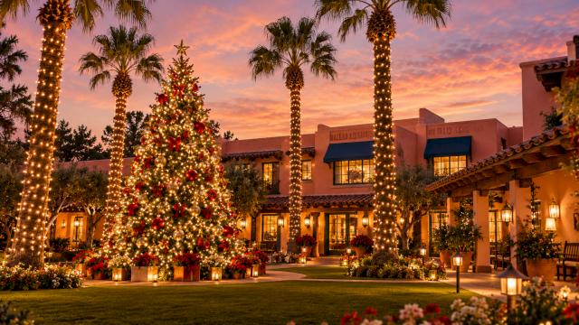 A glowing Christmas tree with ornaments and lights stands in a resort courtyard, framed by palm trees and a sunset sky.