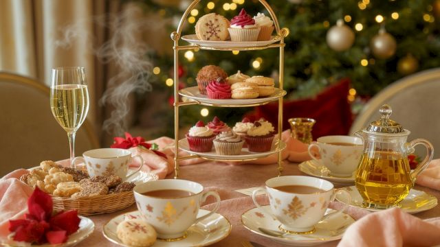 A festive holiday afternoon tea setup: a three-tier stand of cupcakes and pastries, teacups, champagne, and twinkling lights.