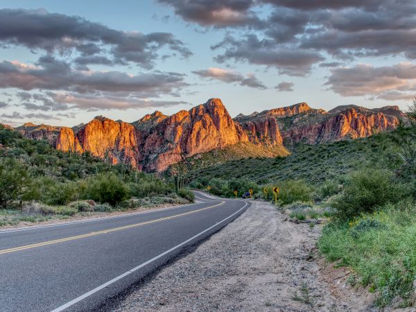 A winding desert road leads past cacti into jagged mountains glowing in the sunset under stormy clouds.