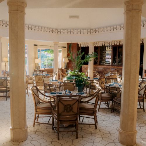 A bright, airy indoor dining area with round wooden tables, cushioned chairs, beige tiled floor, plants, and a bar in the background.