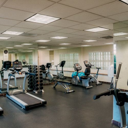 A spacious gym with treadmills, exercise bikes, and benches arranged neatly; soft lighting, mirrors, and windows along the walls.