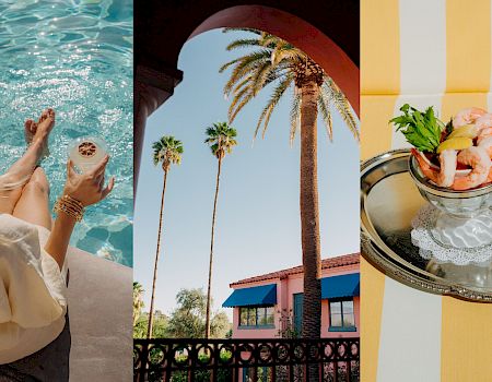 Three vacation scenes: sunlit poolside lounging, palm-fringed skyline with turquoise skies, and a refreshing cocktail on a striped table&mdash;paradise.