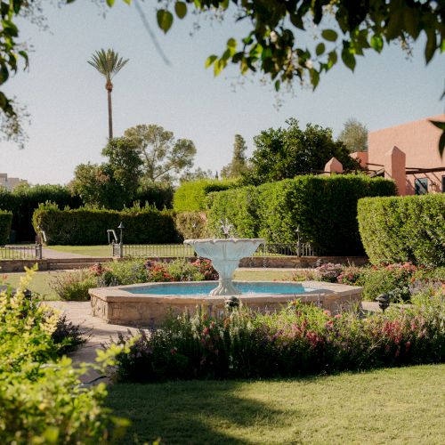 A sunny garden with a central fountain, lush hedges, vibrant flowers, and a spacious lawn surrounded by palm trees and a pink building in the background.