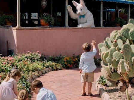 A kid in a white shirt waves at a large white rabbit in a storefront window, while others sit and play nearby by cacti and flowers.