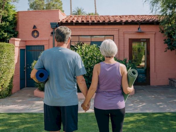 An older couple stands on a lawn, holding hands with yoga mats, facing a pink stucco house with palm trees in the background.