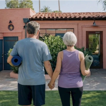 A couple holds hands with yoga mats, standing in front of a pink stucco house, ready for a sunny outdoor workout.