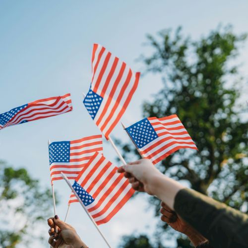 A group of people waving small American flags outdoors, flags fluttering against a blue sky with trees in the background.
