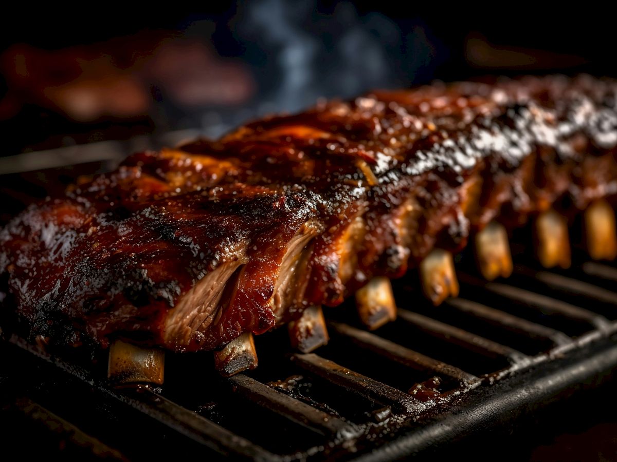 A rack of juicy, glazed ribs grilling over hot coals, smoky and caramelized with a glossy, flavorful crust ending.