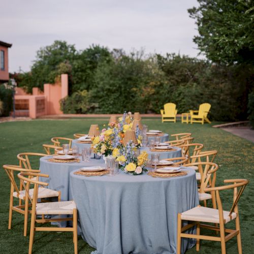 An outdoor garden dining setup on our Lawn.