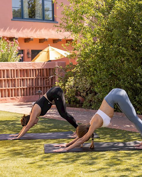 Two people in athletic outfits practice yoga poses on mats in a sunny garden courtyard by a peach building.
