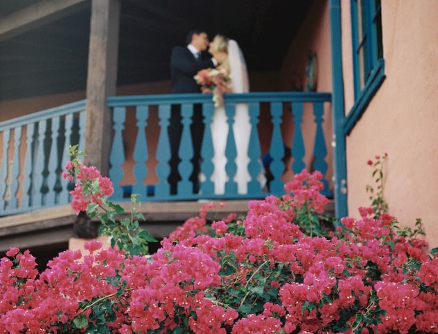 A blurred couple in wedding attire stands kissing on a blue balcony, framed by abundant pink flowers in the foreground.